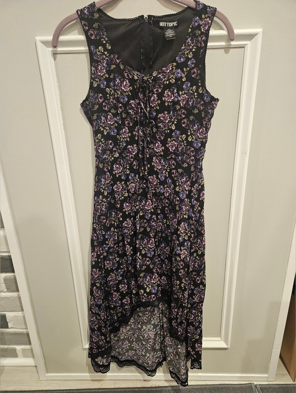 Vintage Hot Topic Black Floral High-Low Dress with Purple Blooms. Size Small